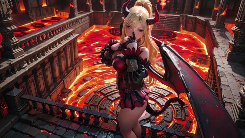 Seraphina Vale: Lava Throne！金发恶魔女王跪下并张开她的双翼，用玻璃杯懒惰挑逗。