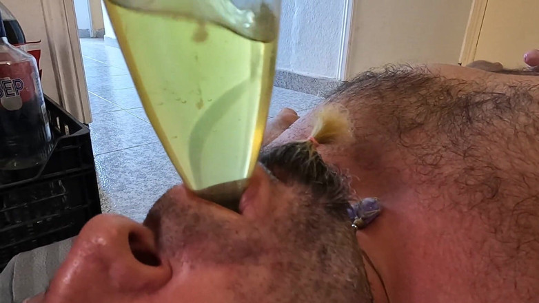 bekycarril: Husband Lying on His Back Trying Piss and Cum Through...
