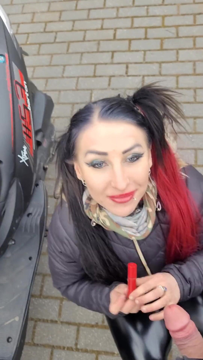 KatrixandCaliforniaLatex: Outdoor sucking by femdom Katrix