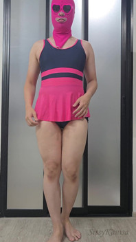 Sissy Kanisa Crossdresser Pink Navy Blue Swimming Suit Fitting