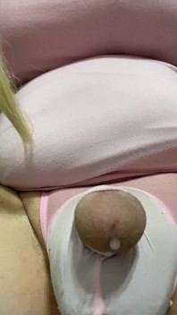 Crossdresser Shemale Cums Hands Free on Cock and Pussy Then Licks the Cum off