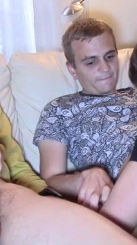 Threesome sex party with 3 twinks in the sofa