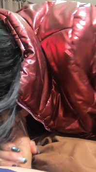 The Nympho Wife Plays with Her Camel-toe Jumpsuit and Put Some Cum on Her Shinny Red Down-jacket 230