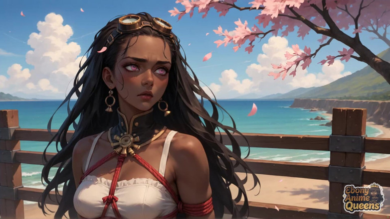 Ebony Anime Queens: 바다에서  체리 블라썸 DT를 해주는 음란한 흑누나 여신