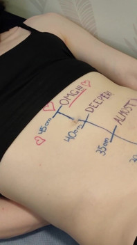 Écriture corporelle, renflement du ventre avec un gode enfoncement et éjaculation