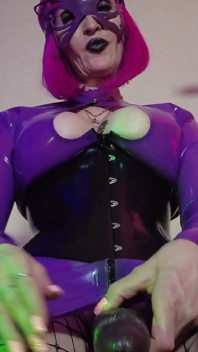 Fetish Rubber Dominatrix Eva Latex Purple Dress Mask Big Ass MILF Toys BDSM Femdom Solo Hot