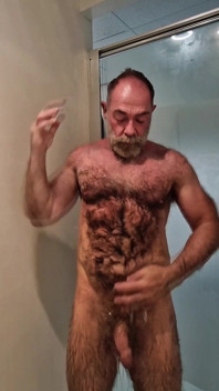Hairy Muscle Bear Flexes and Showers