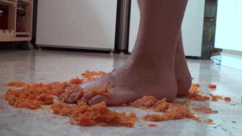 Foot Girls: Close up of trampling food in the kitchen