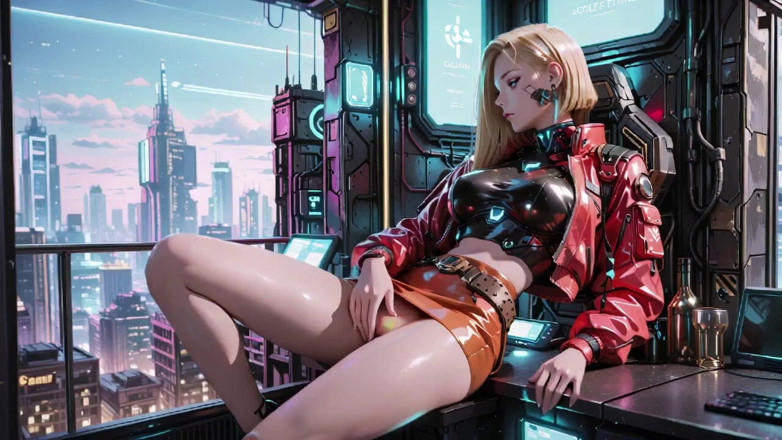Seraphina Vale: Jacket kulit merah berpancut di bawah hujan neon, pose melutut...