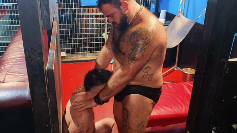 ScruffyStocky: Dungeon Session: Sweaty Cage Play, Pierced Kinkster Gagged, Spit-fed, Edged