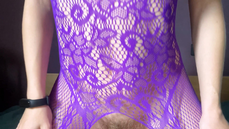 Hairy couple: Violet fishnets bodystockings