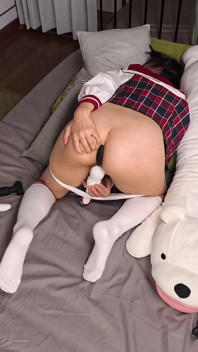 Horny Asian Schoolgirl Bound to Bed and Playing with Her Toys While Waiting for Her Master