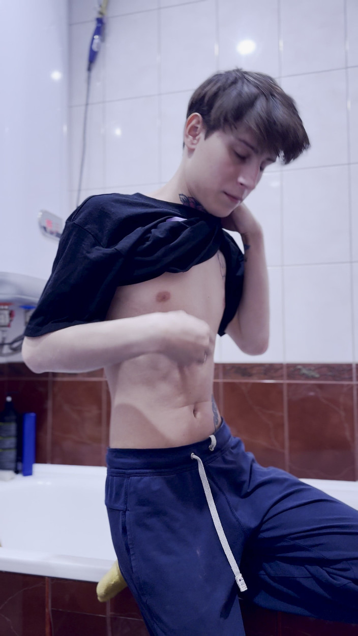 HotDogs studio: Black Haired Boy Has Fun Alone in the Bathroom