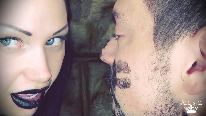 Goddess Misha Goldy: Covering Alex with black shiny lipstick kisses all over his...