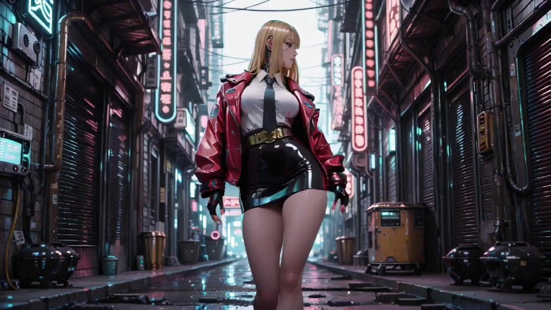 Seraphina Vale: Red Leather Jacket Glistening Under Neon Rain, Kneeling Pose That...
