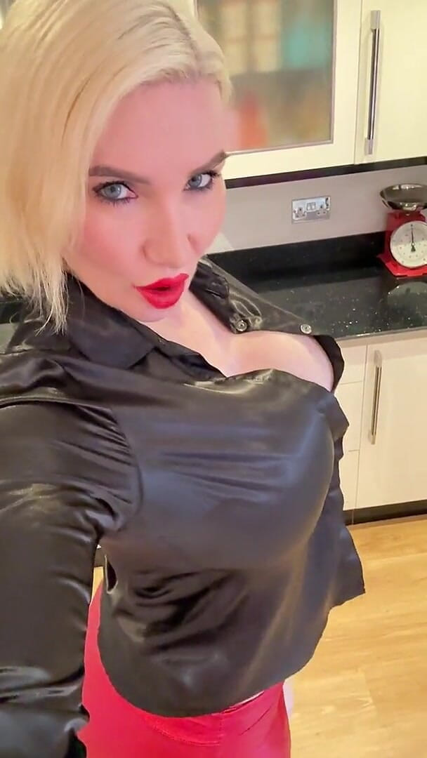 Sophie James: Red Heels, Red Mini Skirt and Black Satin Blouse No...