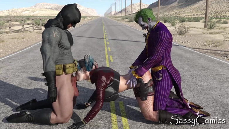 Sassy comics: Harley Quinn, Joker, Batman openbaar trio op de snelweg in...
