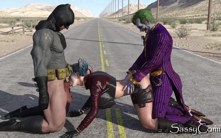Sassy comics: Harley Quinn, Joker, Batman öffentlicher dreier auf der highway road in...