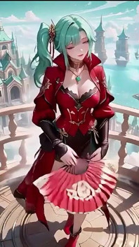 The Red-clad Blade's Private Tease! Green-haired Warrior in a Black-red Battle Robe, Commanding yet Shy on the Floating Terrace.