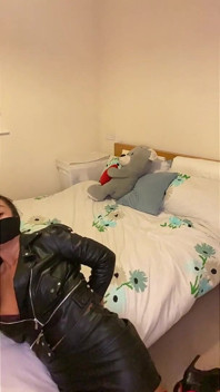 Latina in Leather Boots and Full Leather Outfit Tied Tight and Wrap Gagged