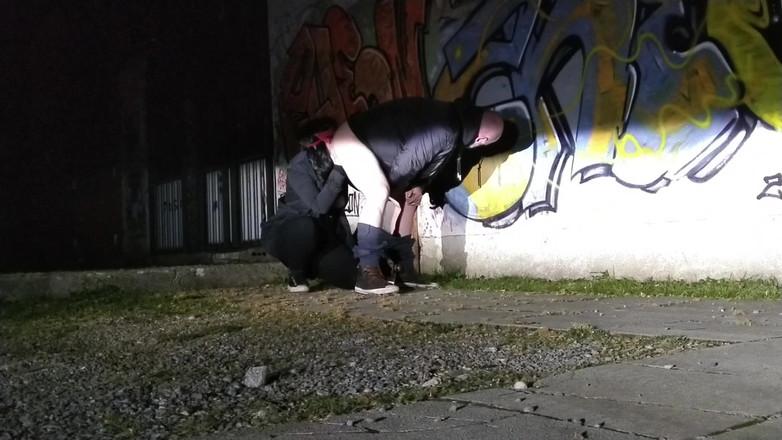 Toilet Mommy: Outdoor Exposure Girl Licks Guy's Ass