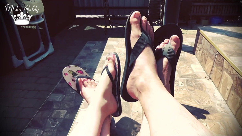 Goddess Misha Goldy: Outdoor flip flop dangle with alpha