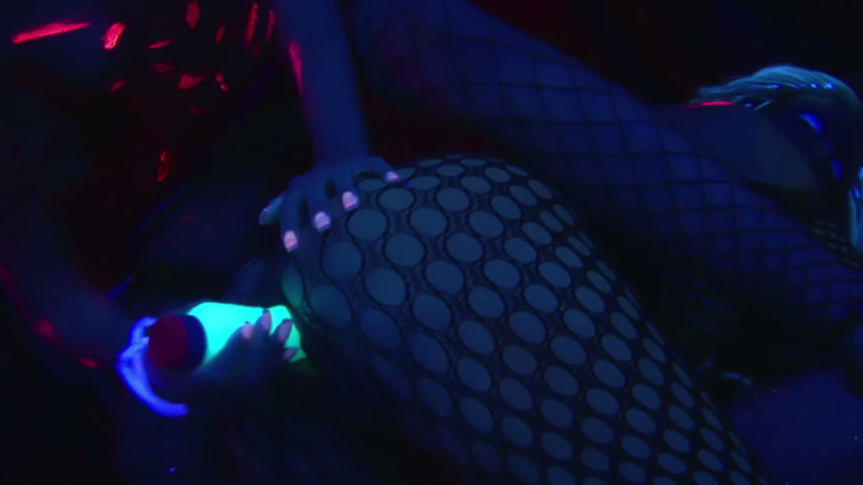 Lesbian Love Movies: Glow-in-the-dark Dildo - Fishnet Blonde and Brunette Play Under Blacklight
