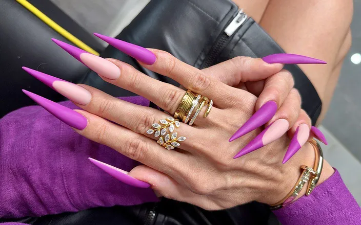 Julia domaina: New Purple Color Long Nails, Sharp Stilettos, Palms, Long Fingers...