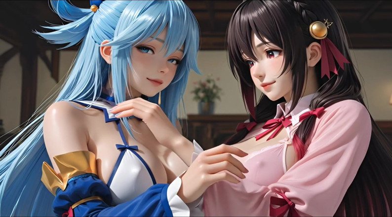 Iani media: Sfwのアクアとユンユン(この都が素晴らしい世界に祝福)のソフトショーがレズビアンに触れてキスする