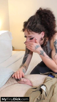 Big-titted Babe with Cool Tattoos Is Sucking on His Tiny, Pathetic Cock