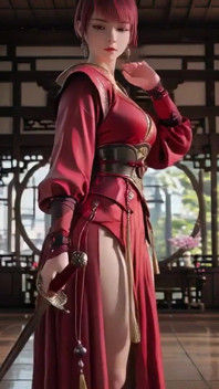 하이 슬릿 기모노를 입은 보라색 머리의 전쟁 처녀, 불타는 시선과 젖은 금지된 속삭이로 눈을 놀리기 위해 무릎을 꿇고.