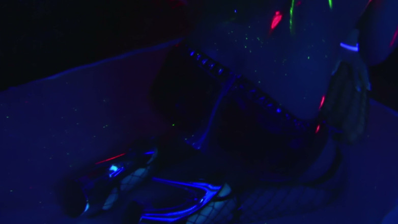 Lesbian Love Movies: Glow-in-the-dark Dildo - Fishnet Blonde and Brunette Play Under Blacklight