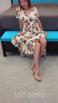 Long Floral Dress, White Toes and Tan Mule Heels Try on
