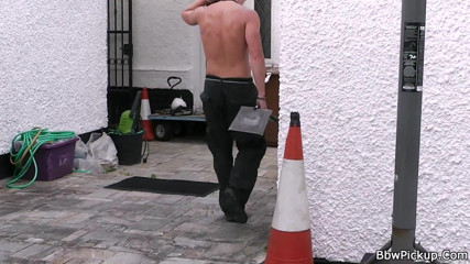 BBW Productions: Fat blonde in lingerie seduces a garden worker