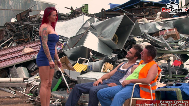 EroCom: Red-haired milf seduces two guys into a threesome in the...