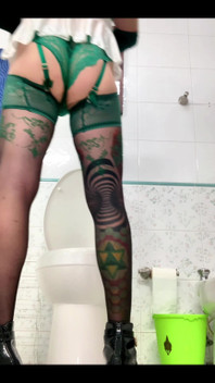 Sexy Femboy Latina Sexy Green Lingerie Walking in Bathroom with Inside Anal Dildo