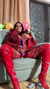 Dominant Red Downjacket MILF Balloon Humiliation. Failed Erection, Big Dildo Riding and Popping