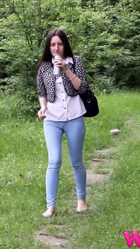 Skinny Brunette Full Bladder Pee Desperation and Pushing Her Pussy to Stop Her Pee in the Forest