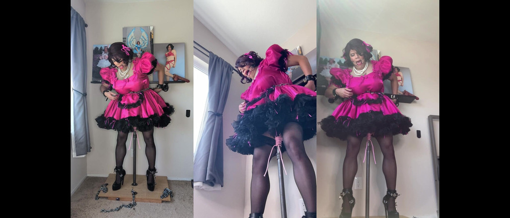 Sissy Candy: Pinke sissy-zimmermädchen candy wird an ihrem dildostand eingesperrt und reitet...