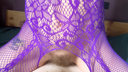 Hairy couple: Violet fishnets bodystockings