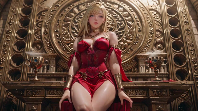 Seraphina Vale: 穿红色衣服的金发女王！坐在喷泉边，调整她的狭缝连衣裙。眼睛锁定在你身上。