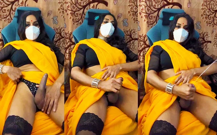 Anushka Crossy: Crossdresser在纱丽服中撸管