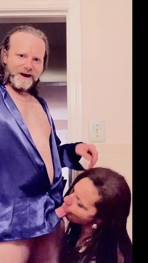 Satin Fetish King: Satin cougar cocksucker can't resist silky royal blue
