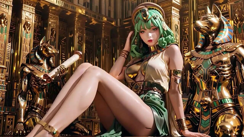 Seraphina Vale: ¡Reina egipcia de cabello verde! Arrodillada en el Salón Dorado,...