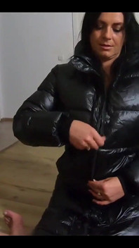 Cum Play on My New Long Black Shiny and Puffy Jacket so My Impotent Husband Can Lick