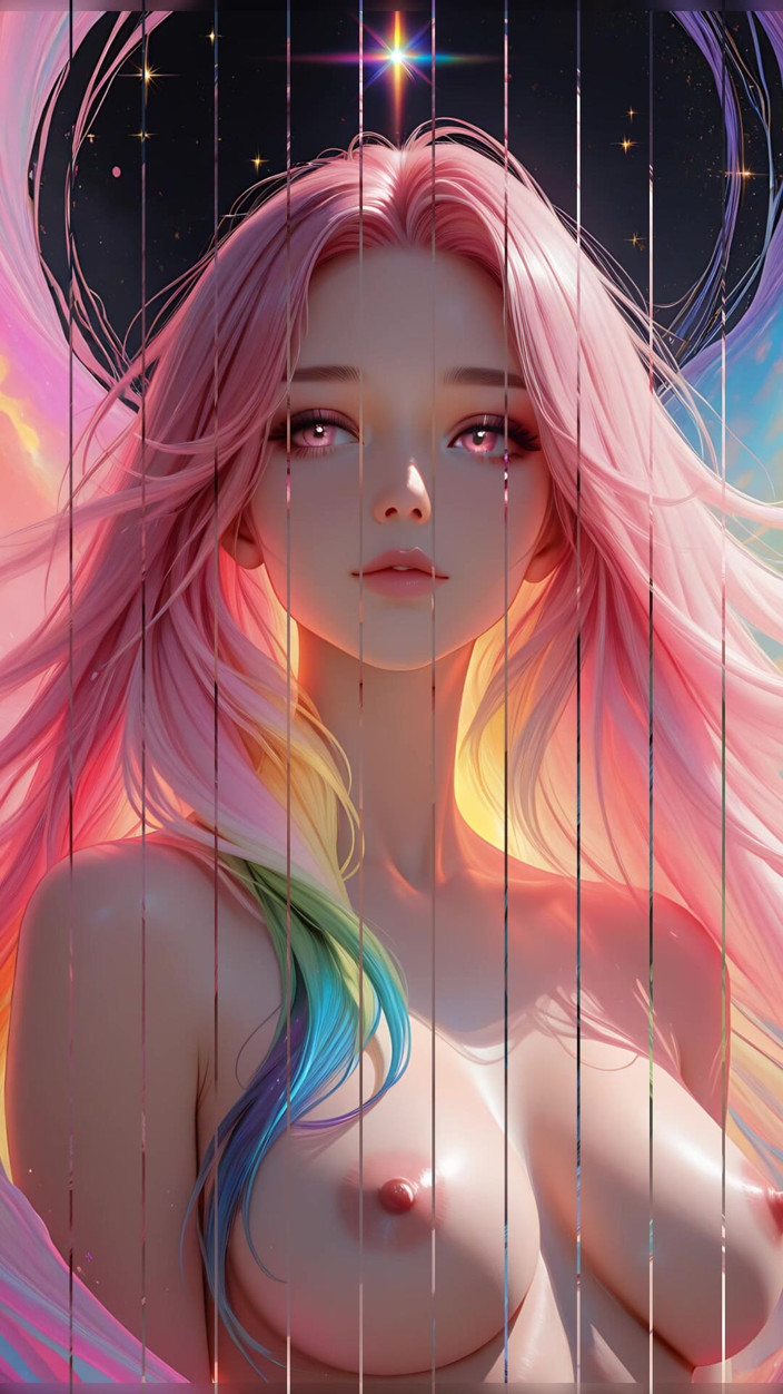 VelvetInk Studio: Bellezza cosmica arcobaleno con incandescenti occhi rosa fantasy ritratto ai...
