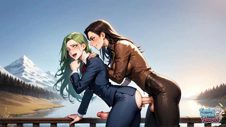 Femboy Hentai Haven: Un travestit purtând piele maro lucioasă Garb Reclines pe un...