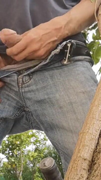 Hiding Outside Behind a Tree to Jerkoff with Huge Cumshot