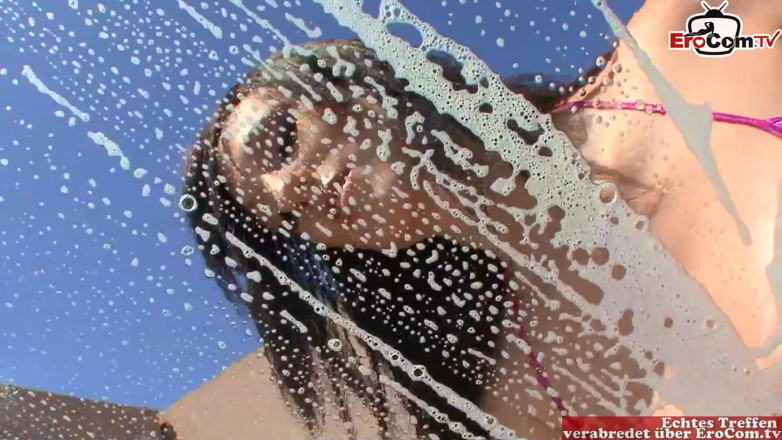 EroCom: Brunette slut with natural tits fucked after car wash
