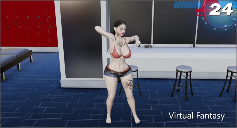 Virtual fantasy studio: 비키니와 반바지를 입은 문신 스트립을 입은 거유와 3D 섹시한 소녀.